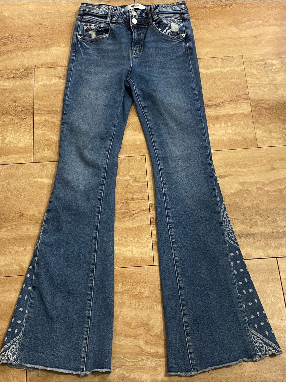 Mica Women's Dark Blue Flare Jeans with Bandana Panel Waist 26
